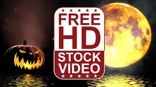 Free Stock Videos – Halloween scary pumpkin with fire burning and large orange moon 3D animation