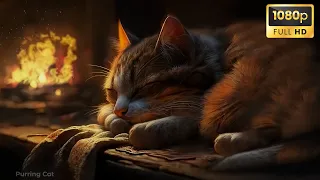Relax with Purring Cat and Crackling Fireplace🔥Sleep in Cozy Winter Ambience, Deep Sleep in 24 Hours