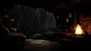 Trapped in a Cave | Rain Sounds, Thunder & Crackling Fireplace for Deep Sleep, Study, Meditation