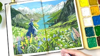 Studio Ghibli Painting / Cozy Art Video / Howl's Moving Castle / Gouache Painting / Paint with Me💐⛰️