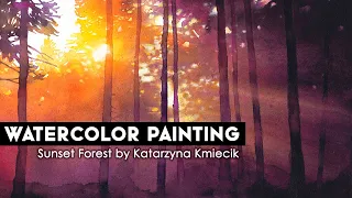 Watercolor landscape painting time-lapse - Purple Forest at Sunset