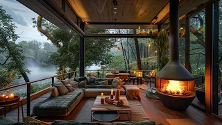 Soft Jazz & Crackling Fireplace for You to Study, Focus & Work | Spring Nature Lakeside Coffee Space