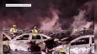 Dozens of vehicles damaged or destroyed in car lot fire west of Jupiter