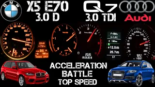 Exhaust Sound Battle 2012 BMW X5 E70 30D 245 vs 2012 Audi Q7 3.0 TDI 245 acceleration and max speed