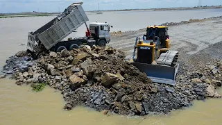 Full Video Lake fill By SHANTUI Bulldozer Pushing Rock & truck SHACMAN Spreading Rock Building Road