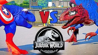 Captain America Tyrannosaurus REX vs Spiderman İndominus REX Fight! 🌍 JURASSIC WORLD EVOLUTION