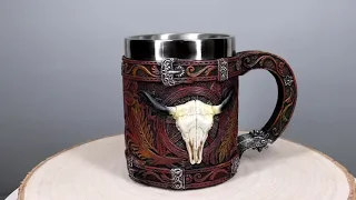 Ebros Rustic Western Bull Skull Cow With Dreamcatcher Feathers Faux Tooled Leather Mug
