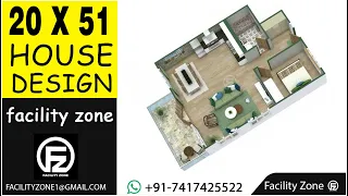 20 by 51 House Plan 3d || 2BHK SET || ghar ka naksha | Facility Zone | +91-7417425522