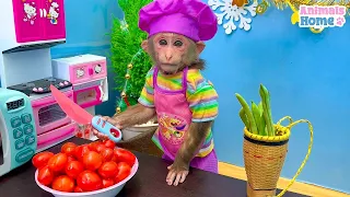 Chef BiBi harvests string beans to feed baby monkey Obi|ANIMAL HOUSE BIBI .