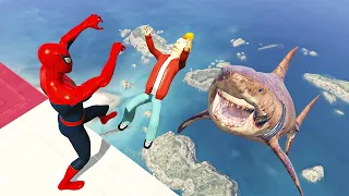 GTA 5 Water Ragdolls | Spiderman VS Megalodon Jumps/Fails (Funny Moments) Ep.66