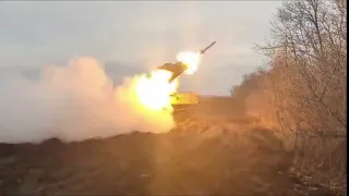 Ukrainian air defense system Strela-10 fires a missile