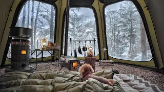 Solo Camping in Heavy Snow with My Dog . Relaxing in the Hot Tent . Wood Stove ASMR