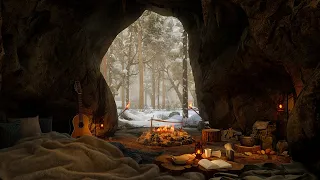Fall Asleep In A Cozy Snowy Forest Cave❄️🔥Winter Ambience With Calming Bonfire & Winter Wind Sounds