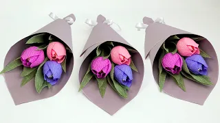 Gift for March 8, 2022. Mini bouquet with tulips made of corrugated paper and sweets Easy and Simple