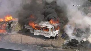 Hay Bale Fire Destroys RV, Prompts Closure Of Freeway Lanes In Pacoima