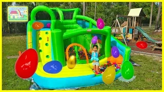 Best Huge Eggs Surprise Toys Challenge on Inflatable Water Slide! Outdoor Play