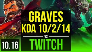 GRAVES vs TWITCH (JUNGLE) | KDA 10/2/14, Legendary | KR Master | v10.16