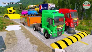 Double Flatbed Trailer Truck vs speed bumps|Busses vs speed bumps|Beamng Drive|510