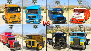 GTA 5 Mercedes Actros Truck vs Prison Bus vs Coca Cola Truck vs Police Hauler- Which is Best ?