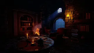 4K UHD Medieval Castle Library Ambience. Fire Pit and Study Sounds. Ambience for Sleep & Study