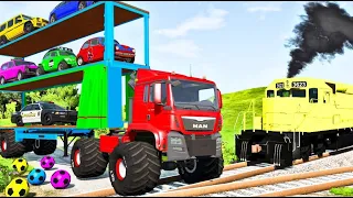 Flatbed Trailer Cars Transportation with Truck Rescue Bus | Cars vs Deep Water | Cars vs Train #0010