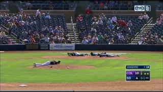 Players & Umpires duck for cover from bees: 3/30/17