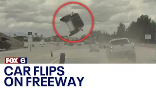 Car goes airborne, flips on Los Angeles freeway after hitting tire | FOX6 News Milwaukee