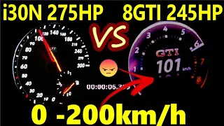 2020 VW Golf 8 gti 245 HP vs Hyundai i30N Perf 275 HP DragRace Acceleration 0-200| 100 -200 km/h