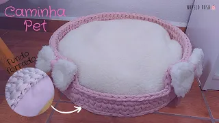 Caminha Pet com fundo forrado - MUITO FOFA! Em crochê com fio de malha - Novelo Rosa