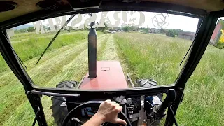 Cab View | Fiatagri 88-94 Turbo DT + Pöttinger Novadisc 265 | Cutting Grass