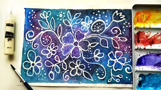 How To Paint Watercolor Galaxy Floral Background Using Masking Fluid  Easy Painting