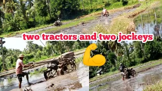 one plot of rice field two tractors at once | wide rice fields