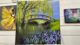 How To Paint “WEEPING WILLOW AND IRISES” easy acrylic painting tutorial