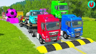 Double Flatbed Trailer Truck vs Speedbumps Train vs Cars | Tractor vs Train Beamng.Drive 046