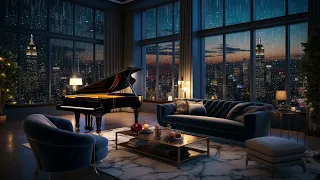 Urban Serenity | Night Rain and Piano in Cozy City Room Ambience | Relaxing City Rain at Night