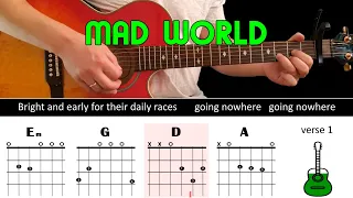 MAD WORLD - Guitar lesson - Acoustic guitar (with chords & lyrics) - Gary Jules