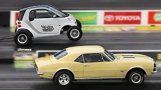 SMART CAR EMBARRASSES '67 SS CAMARO! 10 SEC WHEELS UP!  RT66!