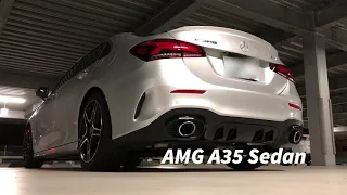 Mercedes AMG A35 Sedan pure exhaust sound with emotional start. マフラー　排気音　純正　エモーショナルスタート　AMG隠しコマンド