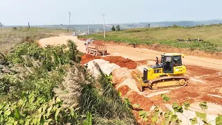 Beautiful Hill Road Construction Technology Skill Operator Bulldozer Spreading Top Soil Leveling