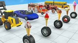 JCB Tractor Fire Truck School Bus Choose The Right Tyre With JCB Mystery Ice Cream Challenge Wipeout