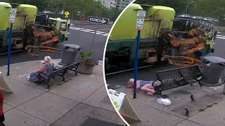 Garbage truck tosses woman from bench in wild video