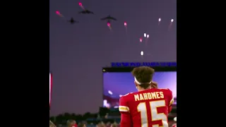 Patrick Mahomes watches the flyover Super Bowl 55