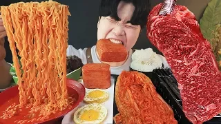 ENG SUB) ASMR MUKBANG KOREAN HOME FOOD Spicy Ramen, Steak, Egg, rice, Kimchi, SPAM EATING SOUND!