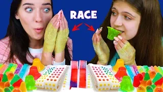 ASMR CANDY RACE WITH STICKY TAPE ON HAND (CANDY BUTTONS, WAX STICKS, JELLO CUPS) Eating Sound