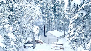 -30 WINTER CAMPING *VERY CLOSE CALL WITH TREE FALLING on HOT TENT*