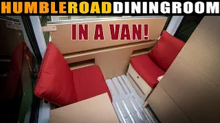 Dining in a Sprinter van. Hidden bed. See the cardboard test floor plan!