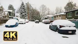 Winter Snowfall Relaxing Walk in suburban neighborhood of Cozy Homes and Snowy Woods Ambience 4K