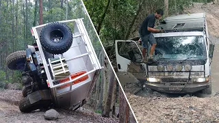 Broken axle, Bogged and nearly rolled. Canter 4x4 takes a punishment