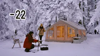 HOT TENT CAMP WITH STOVE AT -22 DEGREES