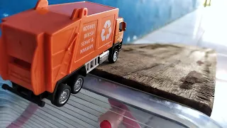 Diecast Model Car and Truck Slide From The Box Going Down on Slide (Toy Cars Sliding by Wood)